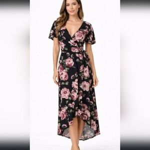 by & by Black and Pink Floral High Low Dress